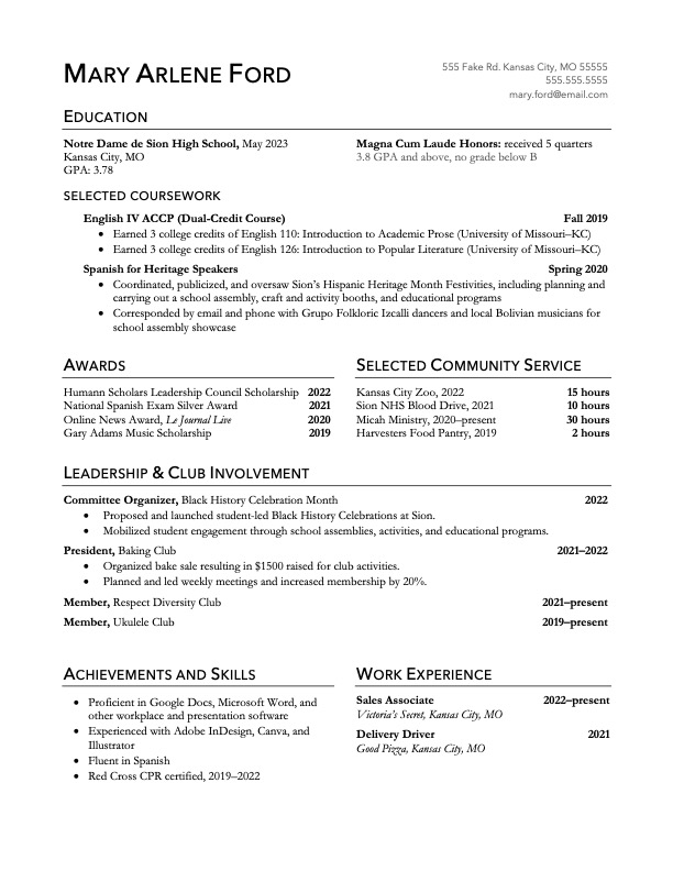 sample resume for college