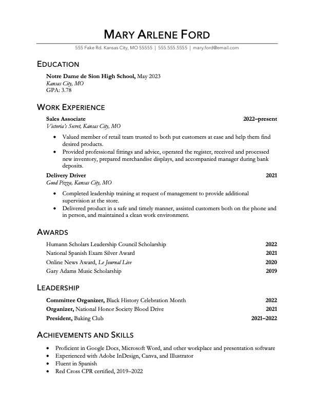 sample resume for work